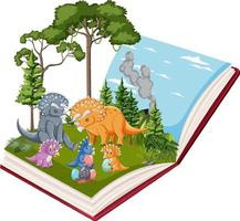 Opened book with various dinosaurs in the forest vector