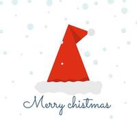 Christmas card with santa claus hat on white background with snow falling and Christmas Greeting vector