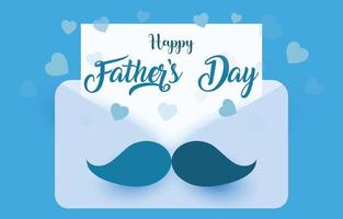 Vector illustration of envelope and father's Day greeting card, with Happy Father's Day lettering decorated with hearts and blue background.