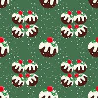 Christmas pudding seamless pattern background  On a green background and snowing vector