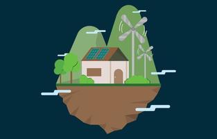 nature friendly home, renewable energy, using solar and wind power to generate electricity, flat style green energy eco illustration vector concept