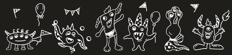 Vector black and white hand-drawn illustration of 6 funny monsters