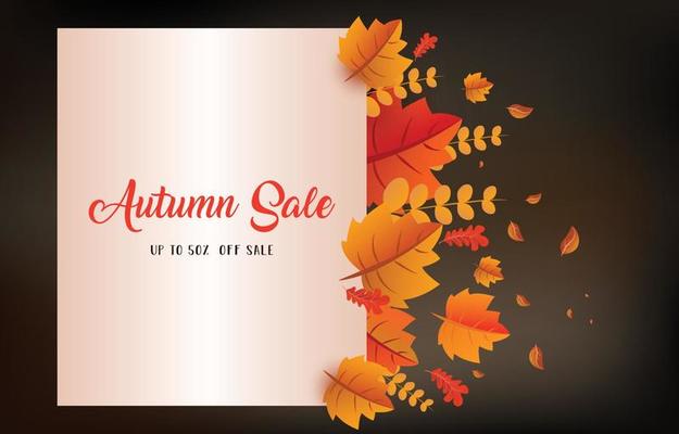 Autumn background with leaves golden yellow with square frames, and discounted letters. fall concept,For wallpaper, postcards, greeting cards, website pages, banners, online sales. Vector illustration