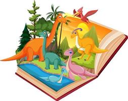 libro abierto con dinosaurio en la escena del bosque prehistórico vector