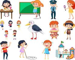 Set of different cute kids and objects vector