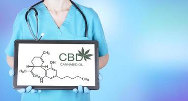 Cannabidiol CBD oil formula and marijuana leaves in doctor's hands. Chemical formula. Health education poster. copy space.