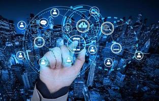 People and technology concept, global communication icon with network connections line. Internet of things and smart city and social networking concept. photo