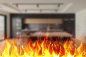 Fire, explosion with red flames of fire in the living room of an apartment building with a blurred background, prevention. Security banner. photo