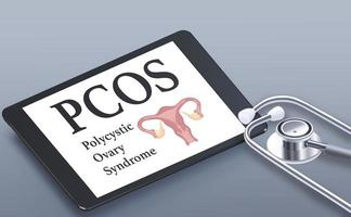 PCOS, polycystic ovary syndrome, uterus text and icon on tablet with stethoscope. Gray background. Medical poster. photo