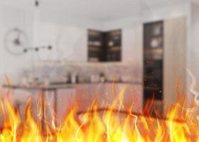 Fire, explosion with red flames of fire in the kitchen in a living room with a blurred background, prevention. Safety banner. photo