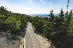 A part of a mountain asphalt road passing through a green forest and leading to the blue sea. photo