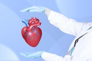 un cardiólogo con estetoscopio apoya y protege con sus manos, un corazón rojo realista como símbolo de la prevención y tratamiento de enfermedades cardiovasculares. medicina de seguros foto