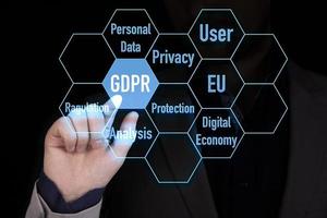 GDPR, General Data Protection Regulation, Privacy, EU Compliance. A businessman's hand finger points to GDPR icons in the form of a hexagon in honeycombs. photo