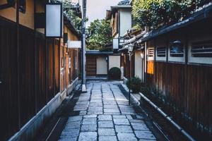 Japanese walk way in Gion town old traditional wooden home district alley  quiet calm travel place in Kyoto Japan. photo