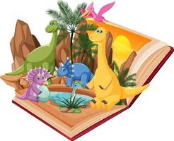 libro abierto con dinosaurio en la escena del bosque prehistórico vector