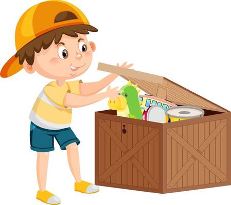 un niño poniendo su juguete en la caja 8136616 Vector en Vecteezy