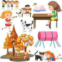 Set of different cute kids and objects vector