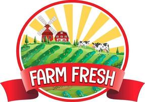 vaca de dibujos animados con etiqueta fresca de granja