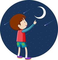 un niño señalando con el dedo a la luna vector