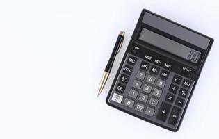 Black calculator and yellow-black metal pen on a white background. Financial activity, accounting, tax calculation or savings and investments. View from above. copy space. photo