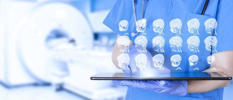 Radiologist doctor looks at MRI, ultrasound, child's brain in CT scan room. Soft blurred background. Medical poster. photo