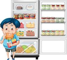 Hungry boy enjoy eating in front of refrigerator vector