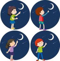 conjunto de diferentes niños señalando con el dedo a la luna vector