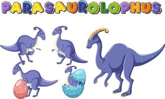 logotipo de la palabra parasaurolophus con personaje de dibujos animados de dinosaurios vector