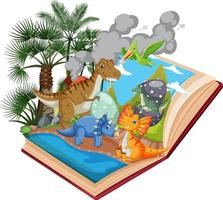 Opened book with dinosaur in prehistoric forest scene vector