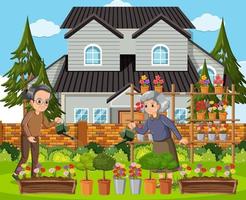 Elderly couple gardening at backyard vector