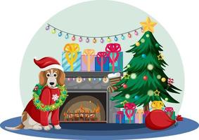 chimenea con perro beagle y árbol de navidad vector