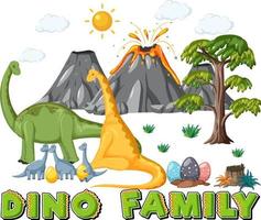 Dinosaur family with forest objects vector