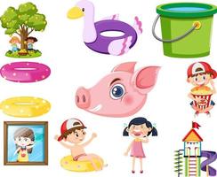 Set of different cute kids and objects vector