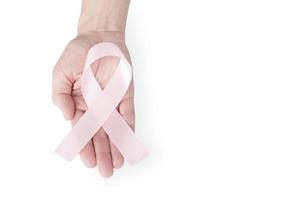 Pink satin ribbon on the palm of a woman, isolated on a white background. Cancer awareness symbol, women's health, breast cancer. copy space. photo