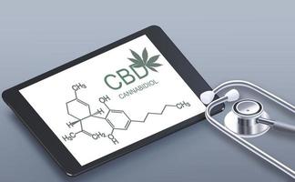 Cannabidiol CBD oil formula and marijuana leaves on tablet maniturer and stethoscope. Chemical formula. Awareness poster. photo