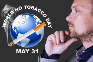 día mundial sin tabaco, afiche. un hombre mira el mundo contra el telón de fondo de un cigarrillo humeante. foto