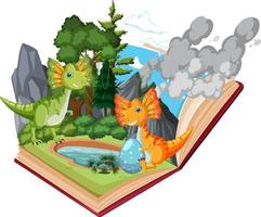 libro abierto con dinosaurio en la escena del bosque prehistórico vector