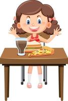 niña feliz disfruta comiendo comida en la mesa vector