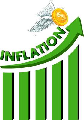 Inflation with green arrow going up and bar chart