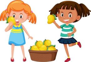 dos chicas sosteniendo mangos vector