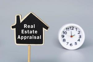 Real Estate Appraisal text on wooden house with blurred alarm clock background. photo