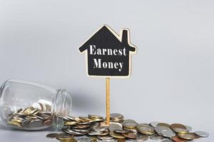 Reverse Mortgage text on wooden house model with coins in a glass jar. photo