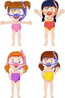 Set of girl wearing snorkel on white background vector