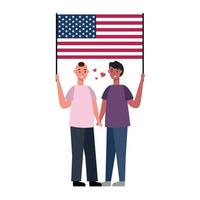 familia lgbt con bandera de estados unidos, dos hombres fondo blanco - vector