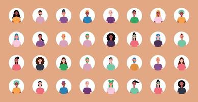 conjunto de 32 avatares en círculos con rostros de jóvenes. imagen de diferentes razas y nacionalidades, mujeres y hombres. conjunto de iconos de perfil de usuario. insignias redondas con gente feliz - vector
