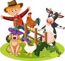 Happy farmer with animals at farm vector