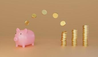 Pink piggy bank with many gold coins stacked beside the bank on golden background. 3D rendering photo