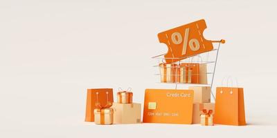 Gift box and shopping bag in shopping cart, get discount code when pay by credit card, 3d illustration photo