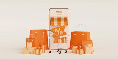 Discount code with shopping online application on mobile, 3d illustration photo
