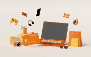 3d illustration of Shopping online with credit card concept, blank screen laptop with credit card, parcel box and items photo